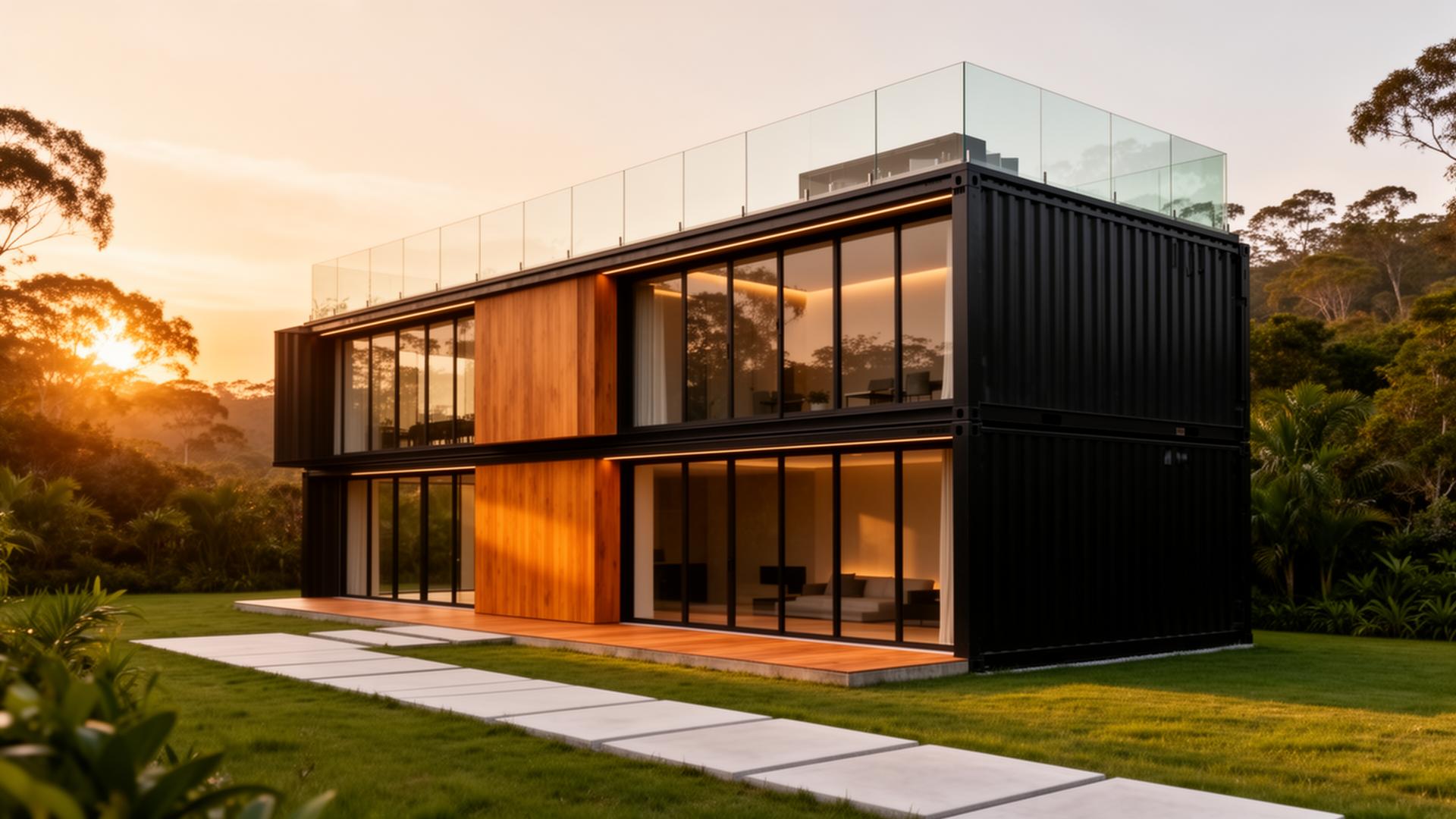 Modern prefab container home at sunset